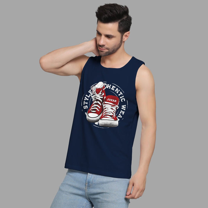 Juxar men's navy blue designer sleeveless sando with red sneaker graphic print