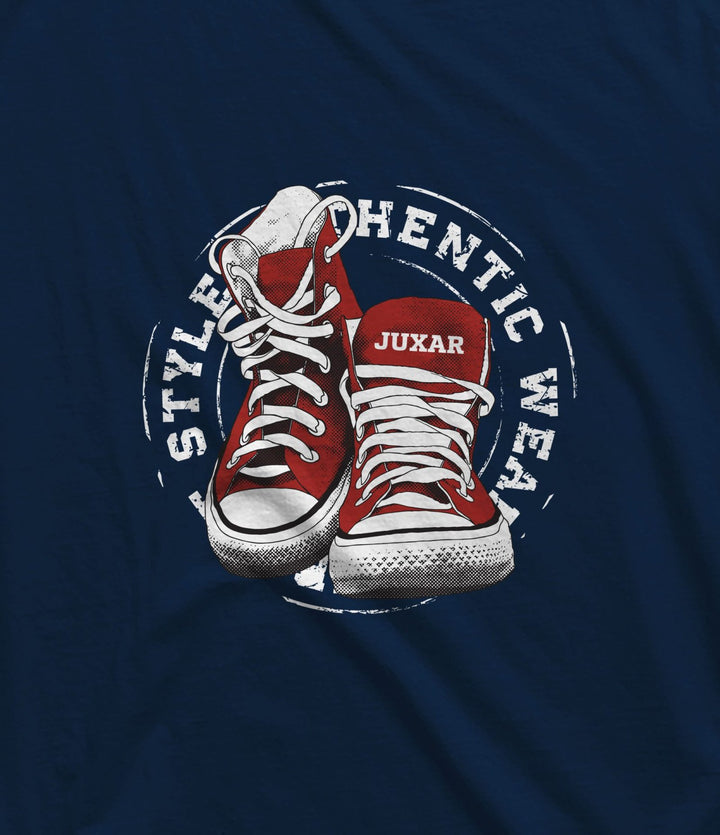 Juxar men's navy blue t-shirt with red sneakers graphic and designer sleeveless sando text