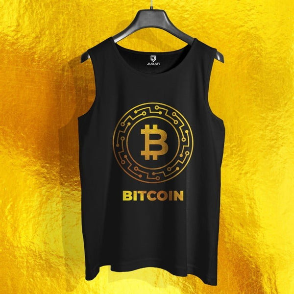 Juxar men's black dry fit gym vest with gold Bitcoin graphic design