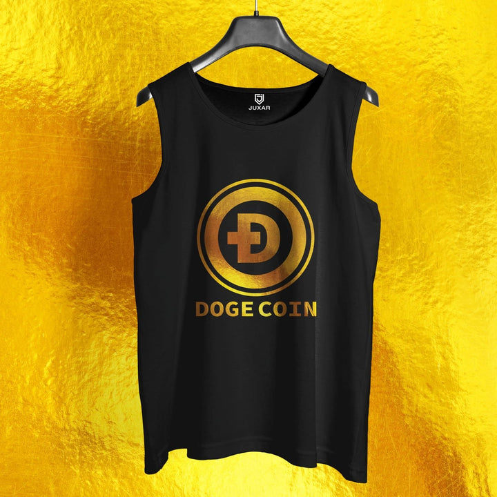 Juxar mens black dry fit gym vest with gold Dogecoin logo on front
