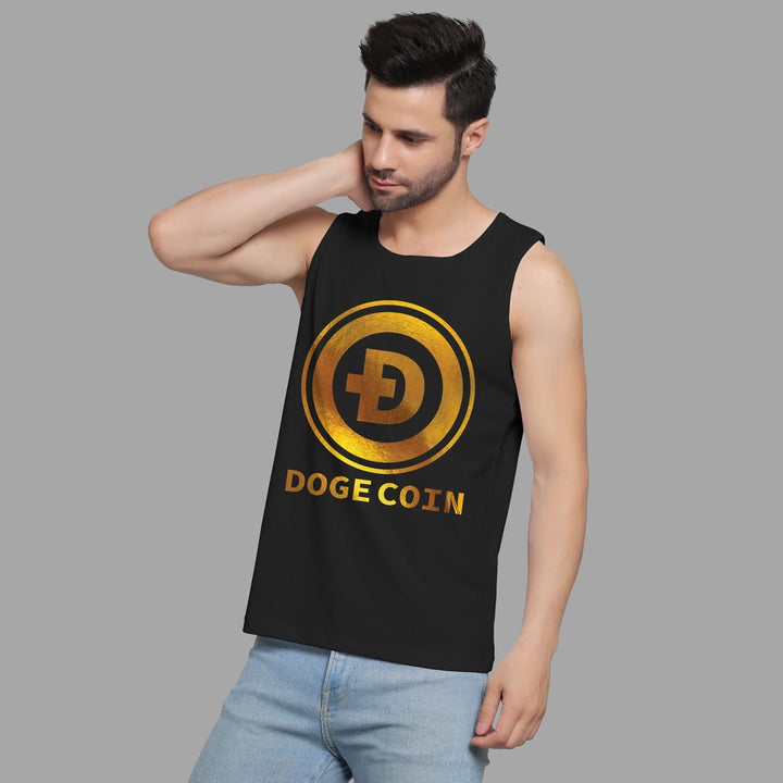 Juxar men's dry fit gym vest in black with gold Dogecoin logo printed on front