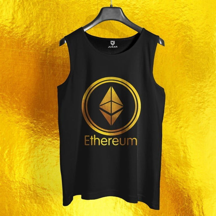 Juxar mens black dry fit gym vest with gold Ethereum logo on front