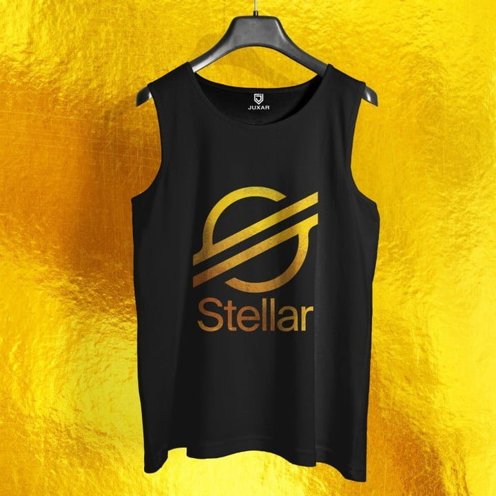 Juxar mens black dry fit gym vest with gold Stellar logo on front