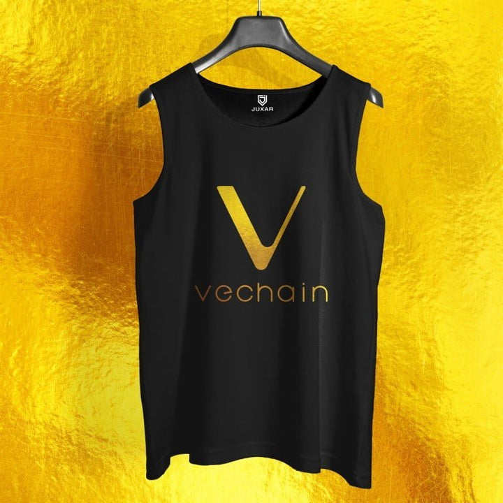 Juxar mens black dry fit gym vest with gold Vechain logo on front hanging on black hanger