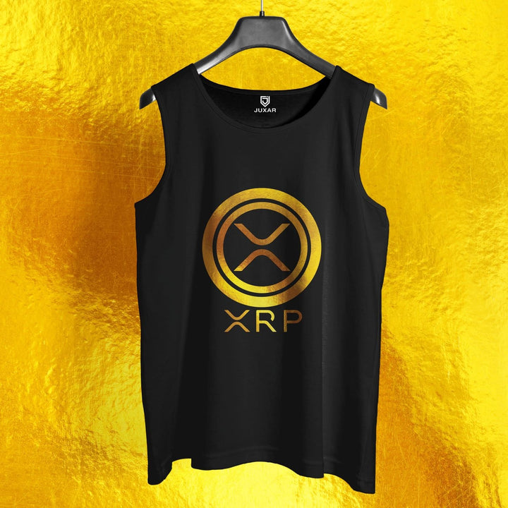 Juxar men's black dry fit gym vest with gold XRP logo sleeveless workout top