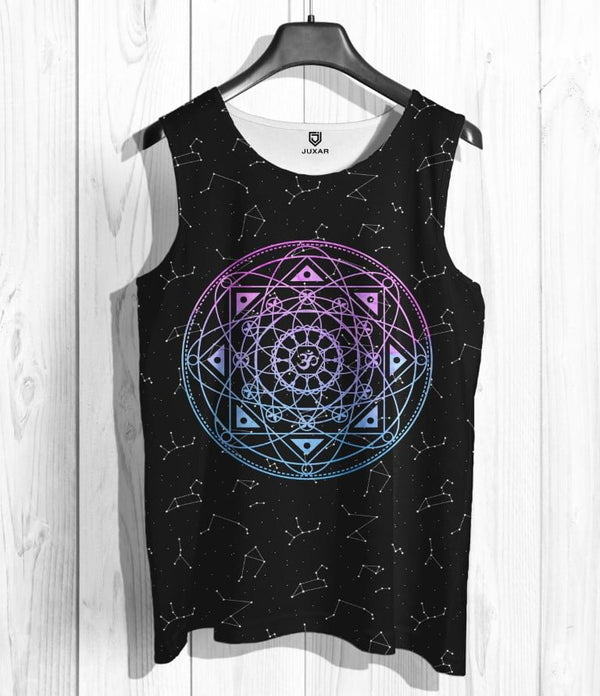 Juxar mens durable printed t-shirt with black background and colorful geometric mandala design