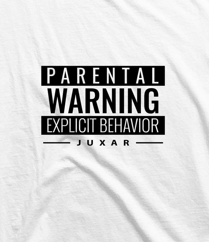 Juxar men's explicit behavior graphic sando in white with parental warning text design