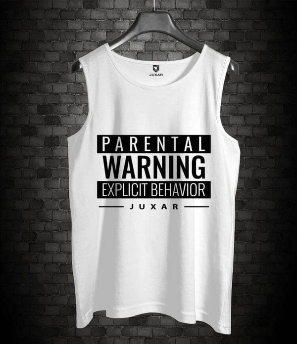 Juxar mens explicit behavior graphic sando in white with bold black text design on front