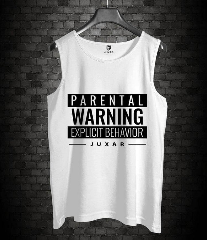 Juxar mens explicit behavior graphic sando in white with bold black text design on front