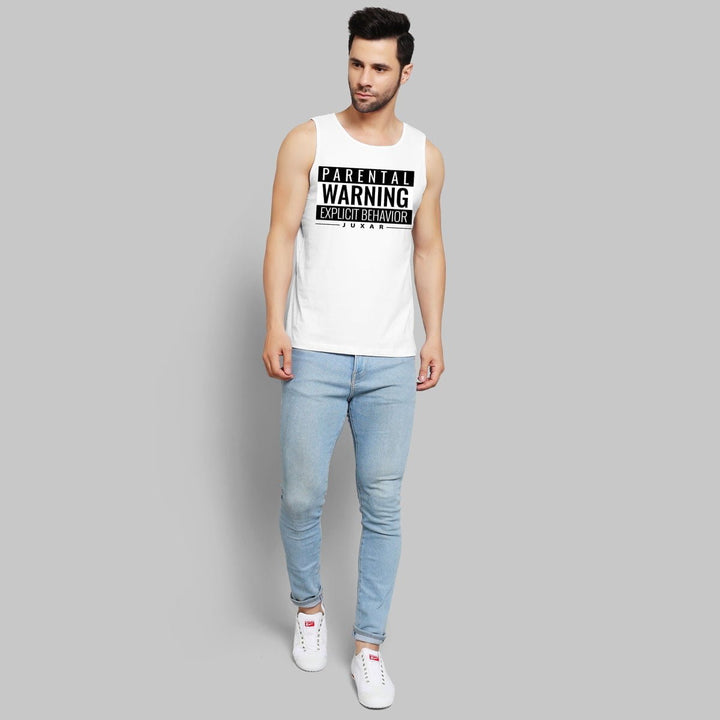 Juxar mens explicit behavior graphic sando white sleeveless shirt paired with light blue jeans and white sneakers