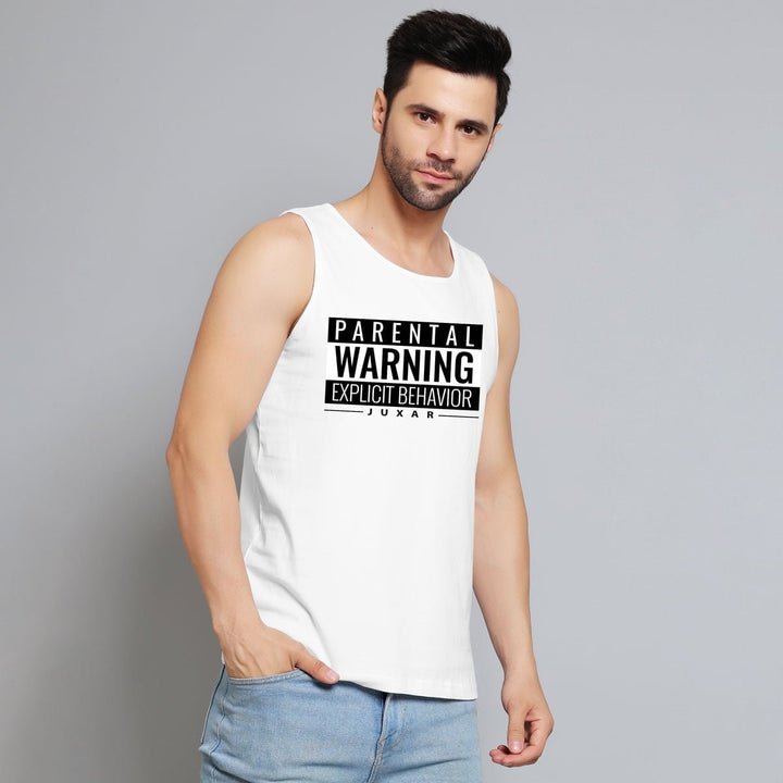 Juxar mens explicit behavior graphic sando in white with parental warning print and casual fit