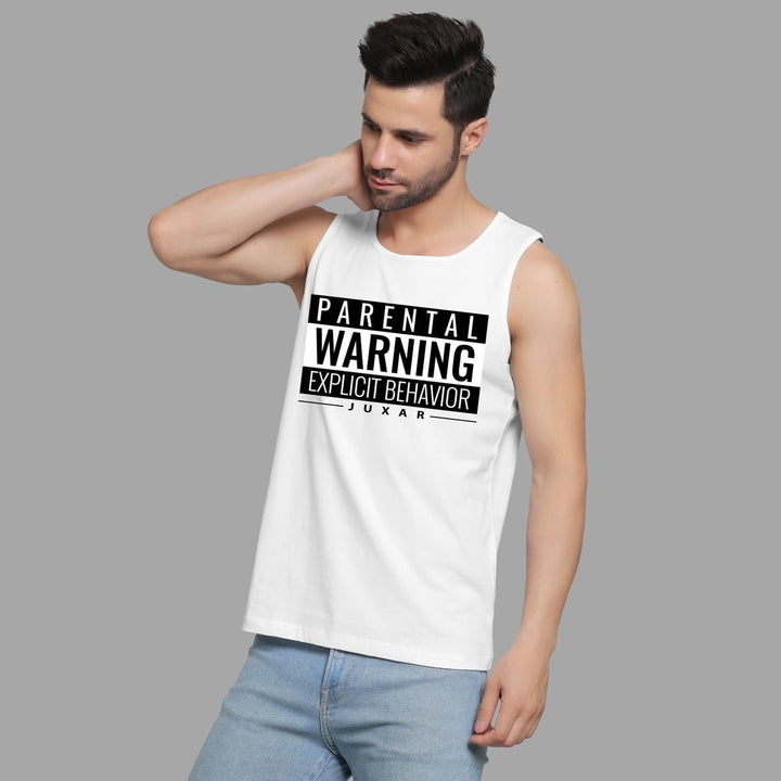 Juxar men's white tank top with explicit behavior graphic sando and parental warning print