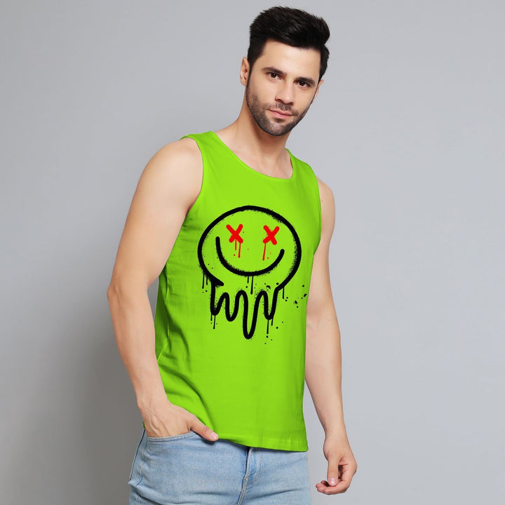 Juxar men's express feeling sando in bright green with melting smiley face graphic and red eyes