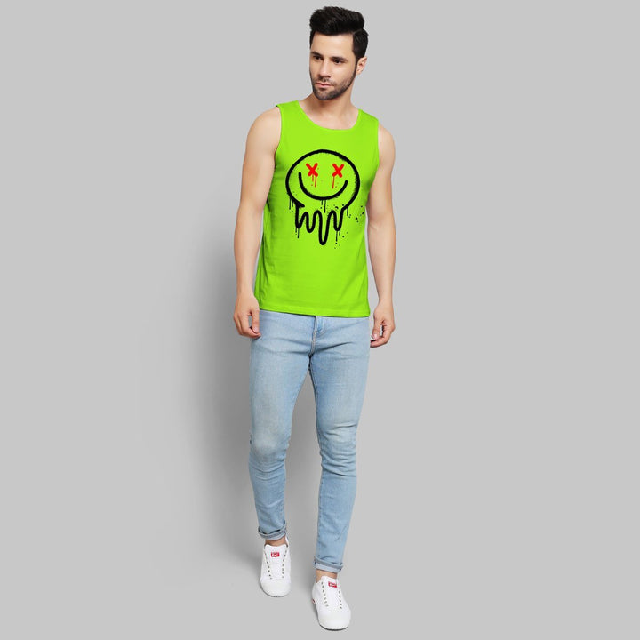 Juxar mens bright green express feeling sando with black and red graphic design worn with light blue jeans
