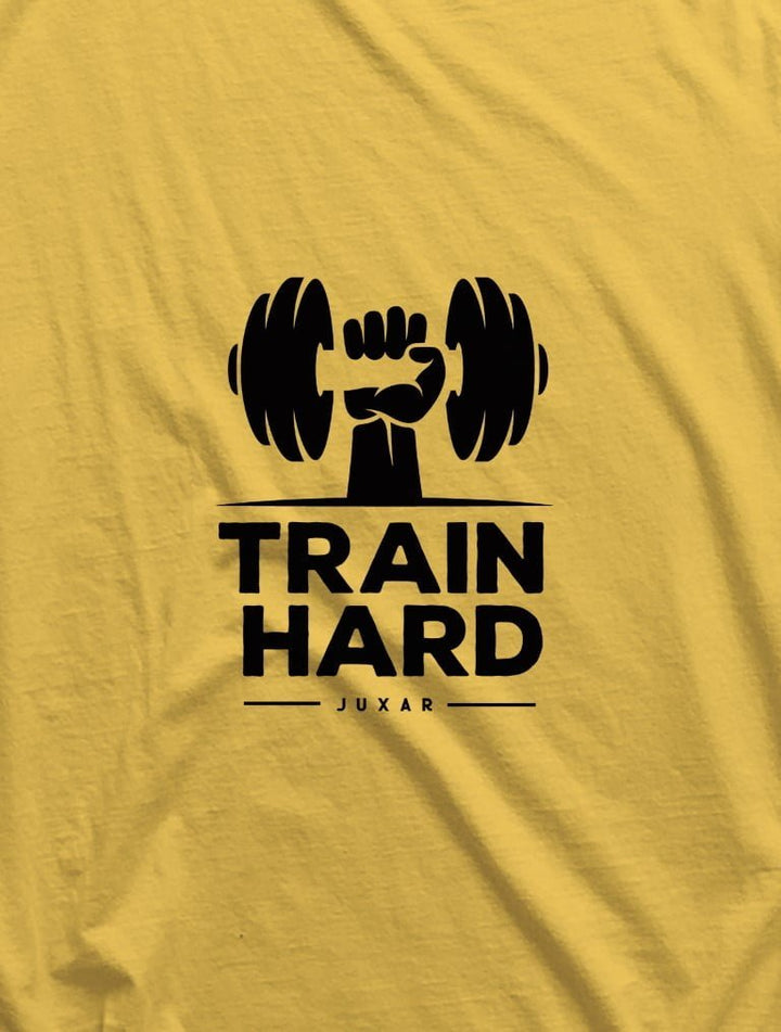 Juxar mens yellow fashion gym sando with black Train Hard dumbbell graphic print