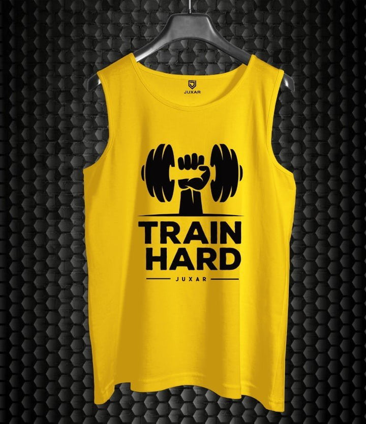 Juxar yellow men's fashion gym sando with Train Hard graphic and dumbbell design