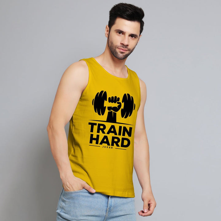 Juxar mens mustard yellow fashion gym sando with train hard print and sleeveless design
