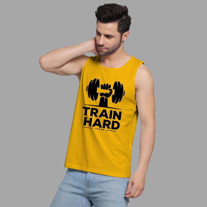 Juxar mens fashion gym sando yellow sleeveless shirt with train hard print