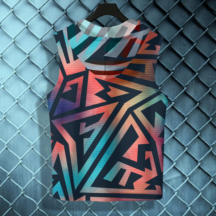 Juxar mens sleeveless fitness model wear with colorful geometric pattern on hanger