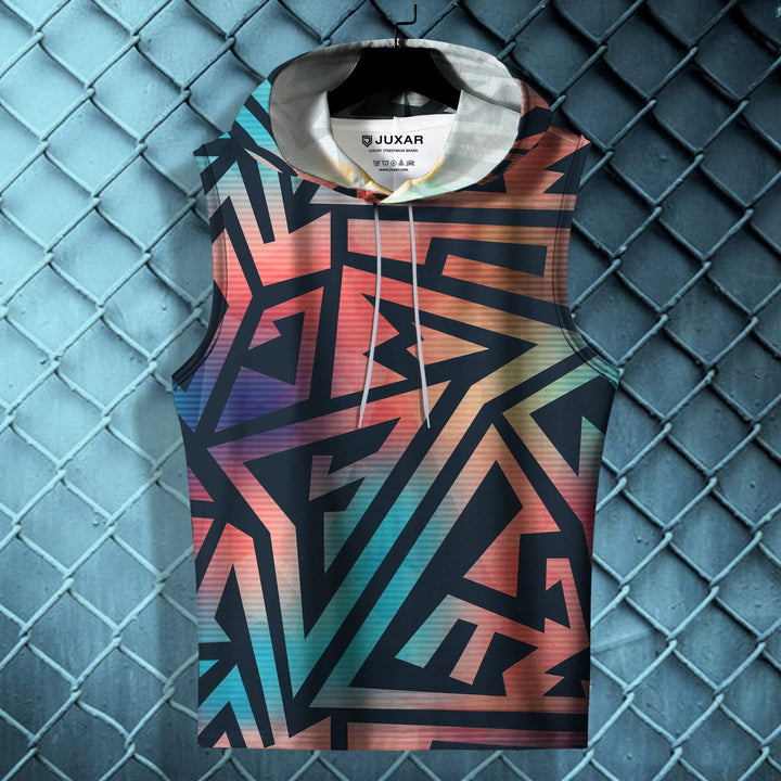 Juxar sleeveless hooded top with abstract geometric patterns for fitness model wear