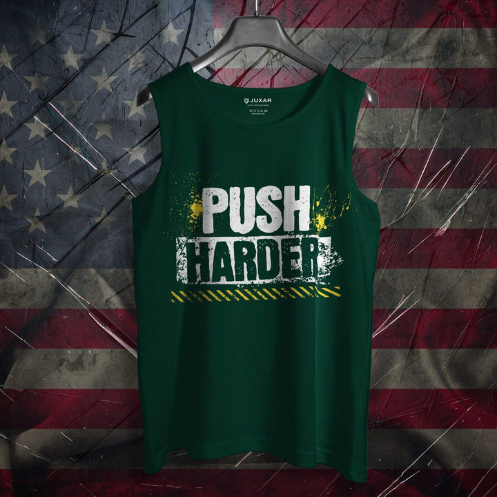 Juxar green fitness sando for men with Push Harder graphic print on front