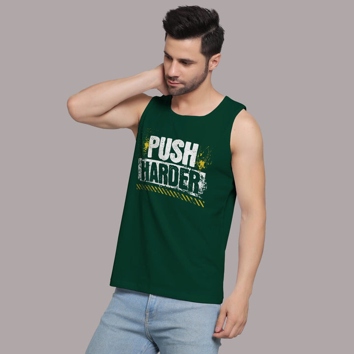 Juxar fitness sando for men in dark green with Push Harder text, sleeveless workout tank top
