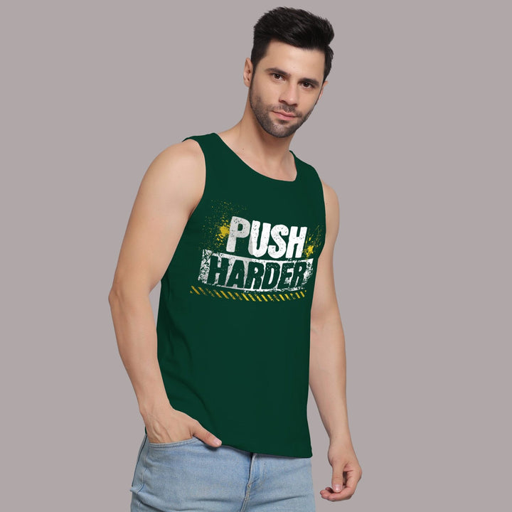 Juxar fitness sando for men in dark green with Push Harder print and casual fit
