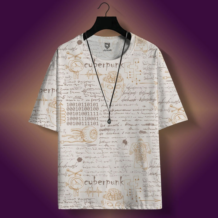 Juxar floral printed oversized t shirt in white with beige cyberpunk script and binary allover print