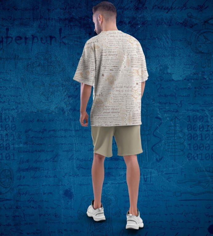 Juxar floral printed oversized t shirt beige back view on male model paired with khaki shorts and white sneakers