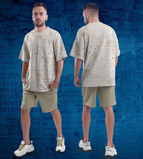 Juxar floral printed oversized t shirt beige script pattern shown front and back on male model with shorts