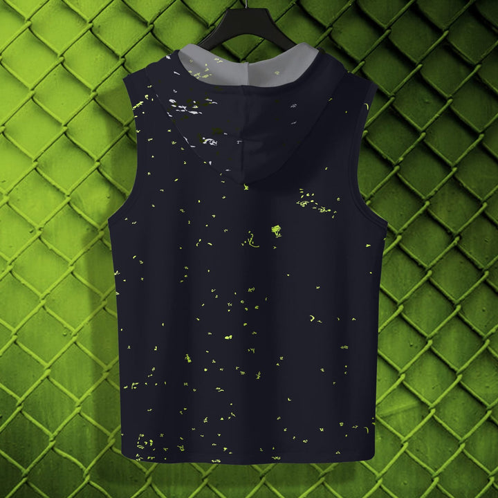 Juxar men's black football sleeveless hoodie with subtle neon green splatter design hanging on a black hanger