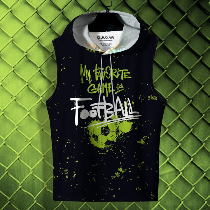 Juxar men's black football sleeveless hoodie with green and white graphic print on front