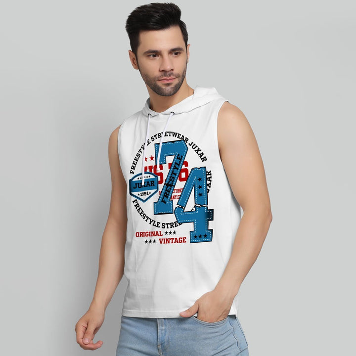 Juxar mens freestyle streetwear hoodie sando in white with graphic print and sleeveless design