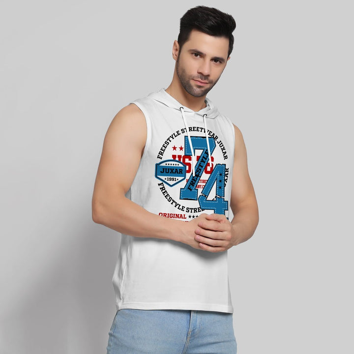Juxar men's freestyle streetwear hoodie sando sleeveless white with blue and red print