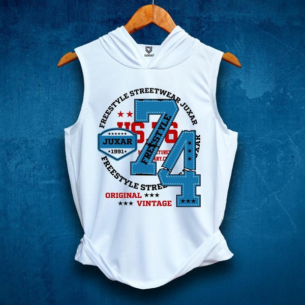 Juxar men's freestyle streetwear hoodie sando in white with blue and red vintage graphic print