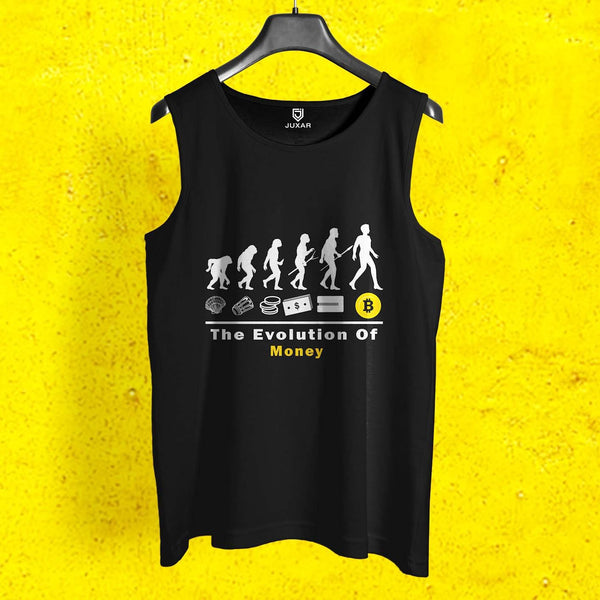 Juxar mens funny money print muscle tee with evolution of money graphic on black fabric