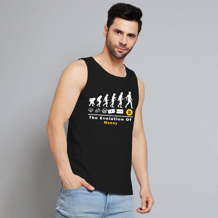 Juxar men's black funny money print muscle tee showing evolution of money graphic