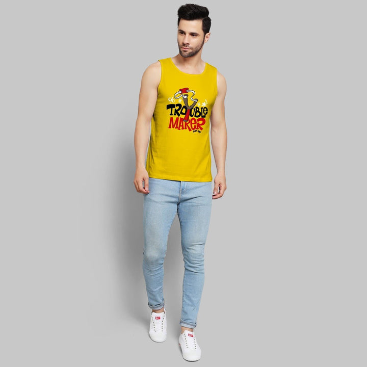 Juxar funny sleeveless sando for men in yellow with trouble maker graphic and casual fit