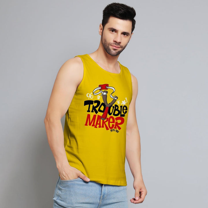 Juxar funny sleeveless sando for men in yellow with trouble maker graphic print