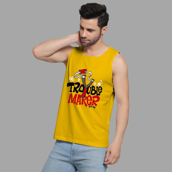 Juxar funny sleeveless sando for men in yellow with Trouble Maker graphic print