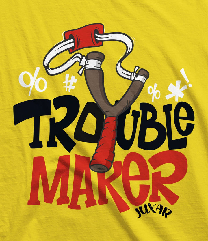 Juxar funny sleeveless sando for men in yellow with playful slingshot trouble maker print