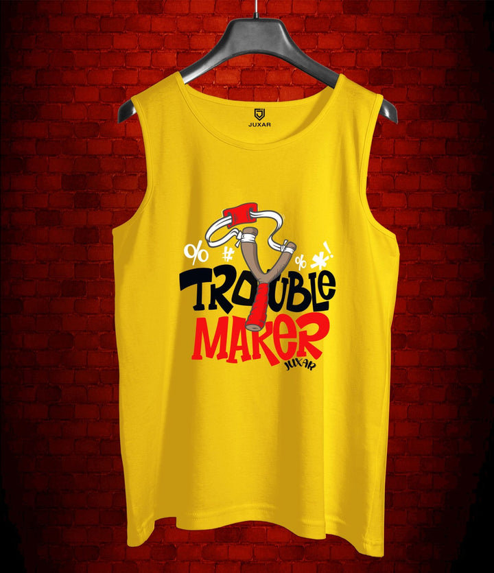 Juxar yellow funny sleeveless sando for men with trouble maker graphic and axe design