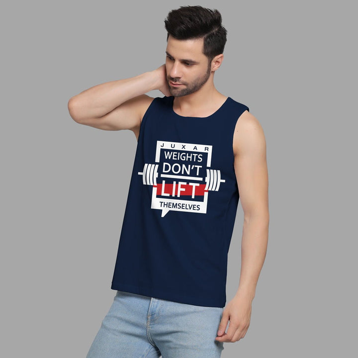 Juxar funny weightlifting sando in navy blue with graphic text design worn by male model