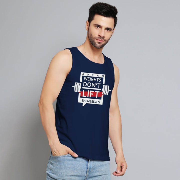 Mens navy funny weightlifting sando by Juxar with graphic text design modeled on gray background