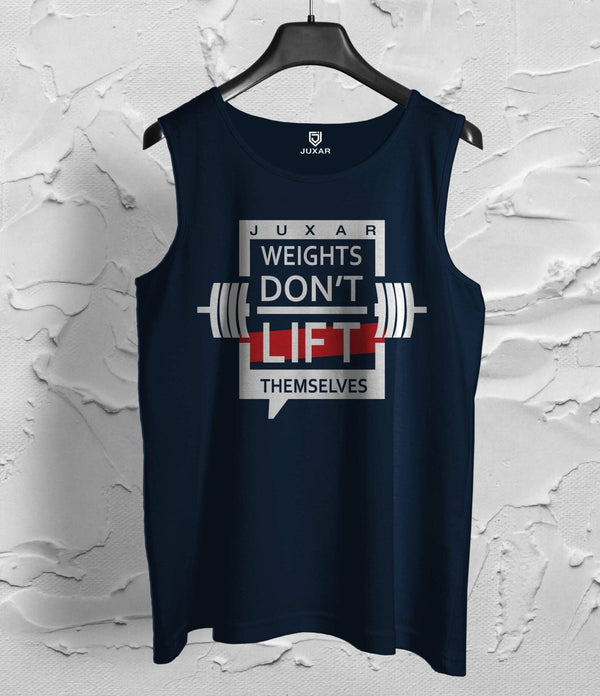 Juxar mens funny weightlifting sando in navy with graphic weights design and motivational text
