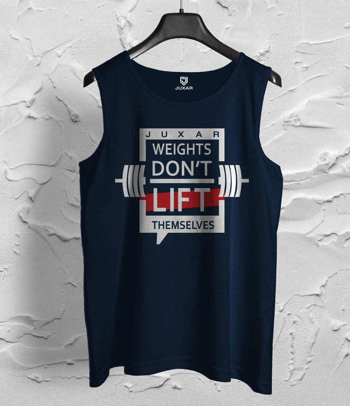 Juxar mens funny weightlifting sando in navy with graphic weights design and motivational text