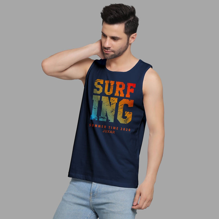 Juxar mens gen z sleeveless sando navy blue with colorful surfing print summer style