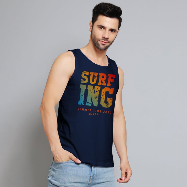 Juxar navy blue gen z sleeveless sando with colorful surfing print worn by male model