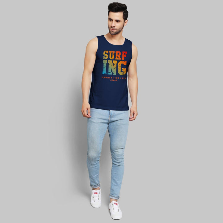 Juxar men's gen z sleeveless sando navy blue with colorful surfing print and light blue jeans