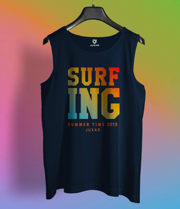 Juxar mens gen z sleeveless sando in navy blue with colorful surfing graphic print